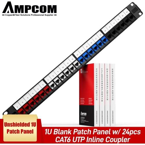 AMPCOM 24 Port RJ45 Through Coupler Patch Panel with Back Bar, Wall Mount or Rackmount, CAT5E ,CAT6 ,CAT6A UTP Keystone Jack