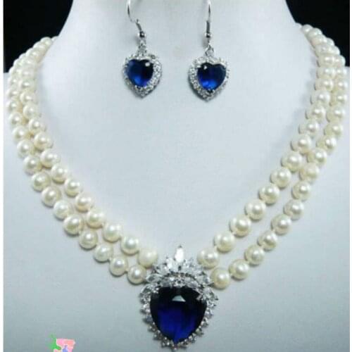 Free Shipping Brand New High Quality Fashion Picture 7-8mm Natural White Pearl Blue Crystal Pendant Necklace + Earrings Set Jew