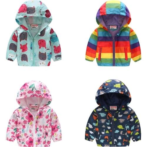 Kids Coat Autumn And Winter Sunscreen Thin Jackets Printing Hooded Outerwear Zipper Fashion Children Boys Girls Flower Clothes