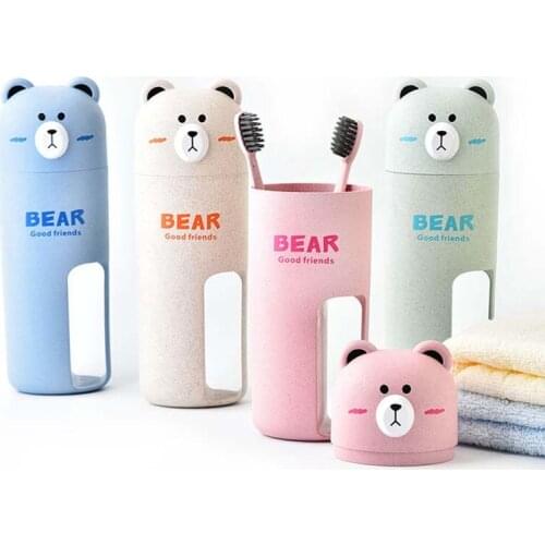 Â Travel Suit Cute Bear Wheat Straw Portable Toothbrush Holder Washing Cup Toothbrush Organizer with 2 x Toothbrushes UD88