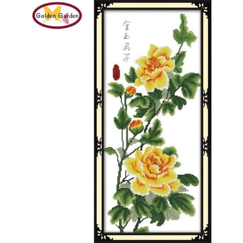 GG Golden Flowers Joy Sunday Cross Stitch Kit DIY Needle Handicraft Stamped Counted Cross Stitch Patterns for Home Decoration