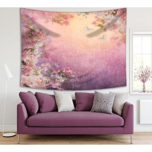 Tapestry Cherry Blossoms Butterflies Romantic Spring Nature Garden Decorative Floral Illustration Purple Green