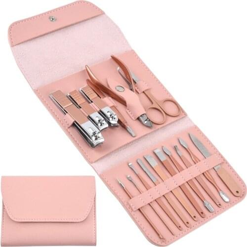 Hotsale Portable 16 in 1 Stainless Steel Manicure Pedicure set For Makeup & Nail Care with Pink PU case 100set/Lot