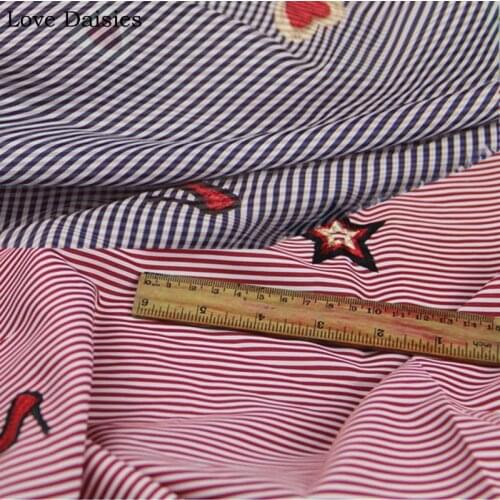 Cotton/Polyester DARK BLUE RED Stripe Embroidery High Heels Star Heart Fabric for DIY Summer Apparel Shirt Dress Tissue Textile