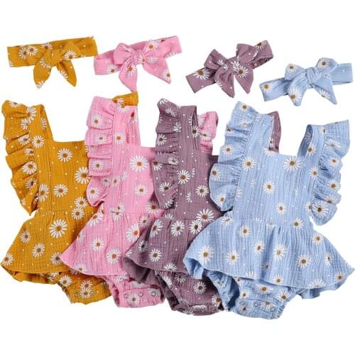 Toddler Girls Daisy Romper, Floral Top Sleeveless Pleated Crotch Buttons Summer Skirt Flouncing Bowknot Headband