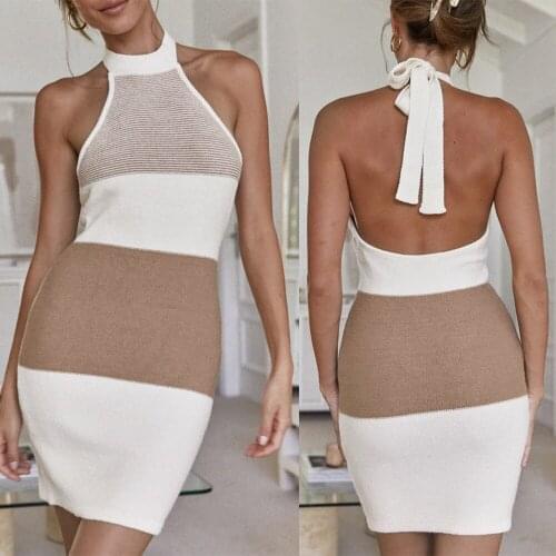 Fashion Women Color Contrast Dress Sexy Halter Collar Sleeveless Backless Summer Casual Slim Pullovers Mini Knit Dresses