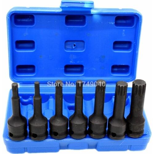 Impact Spline Socket Bit 7 Piece Set M5 M6 M7 M8 M10 M12 M14 CR-MO Screw Driver Bit Screwdriver Bits 3/8" Square Drive with Case