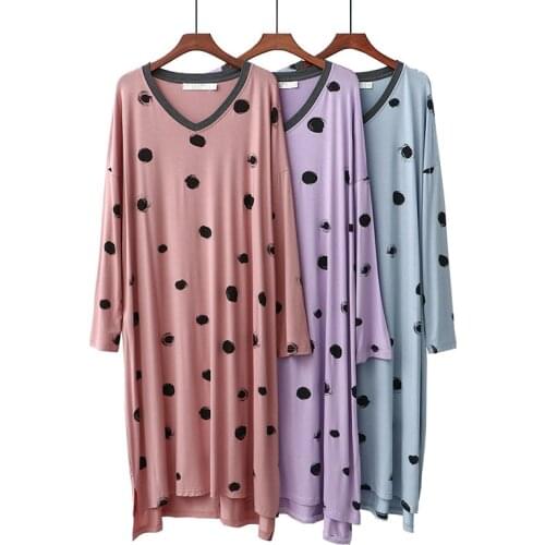 Modal Nightdress Womens Sleepwear Spring And Autumn Loose Polka Dot Long Sleeve V-neck Home Wear Vestidos De Noche Lingerie