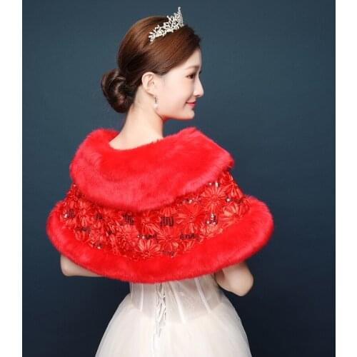 Top grade New Red Short Fur Shawl Wedding Wrap Women Winter Bridal Wraps Warm Fur Boleros Bridal Jacket Elegant Evening Coat