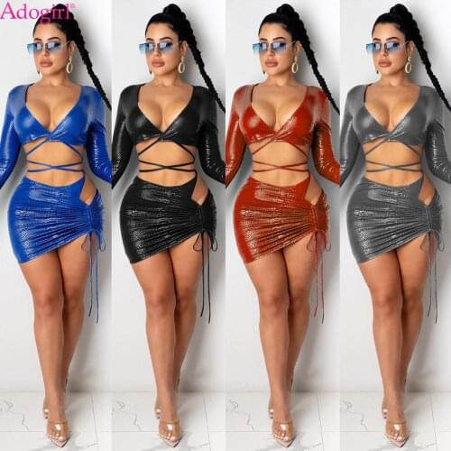 Adogirl Sexy Snakeskin Print Mini Skirt Two Piece Set V Neck Long Sleeve Lace Up Crop Top Drawstring Short Skirt Night Club Set