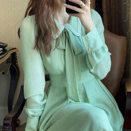 French Retro Dress Women Casual Ruffled Collar Long Sleeve Vintage Bow Solid Fairy Chic Party One-Piece Dress Women Korean Style