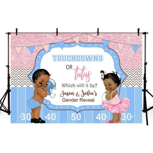Boy or Girl Party Touchdowns Backdrop Blue Pink Bows Flags Gender Reveal Photo Background Glitter Balloon Baby Party Banner