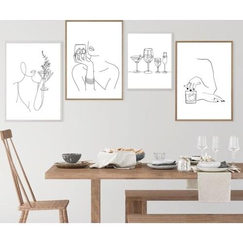Wine Cocktail Whiskey Poster Martini Woman Drinks Single Line Drawing Art Prints Bar Decor Gift Kitchen Wall Art Canvas Painting