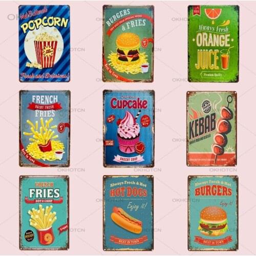 Retro BBQ Hamburger Popcorn Hot Dog Fries Cupcake Coffee Menu Ice Cream Poster Metal Tin Signs Pub Bar Fast Food Shop Wall Decor