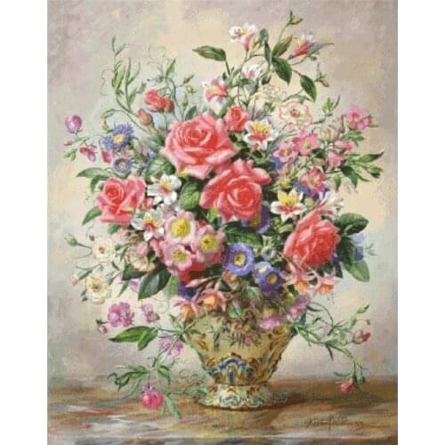 Pink rose vase cross stitch package flowers 18ct 14ct 11ct cloth cotton thread embroidery DIY handmade needlework