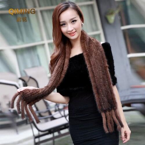 Winter Warm Soft Luxury Scarf Women Real Mink Fur Scarf Fringe Lady Genuine Mink Fur Brand Knitted Mink Fur Shawl Scarves