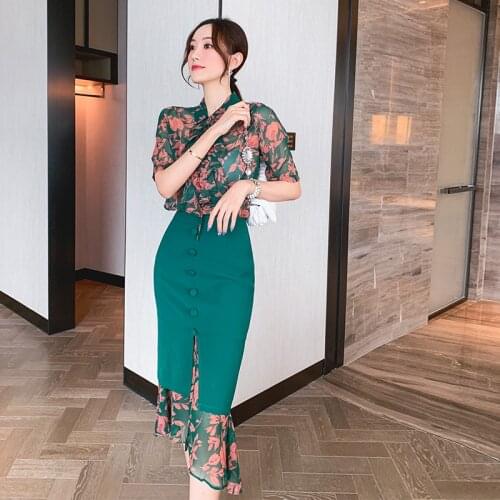2020 summer printed chiffon shirt female bag hip slim fishtail skirt retro ladies temperament commuter fashion suit 2 piece set