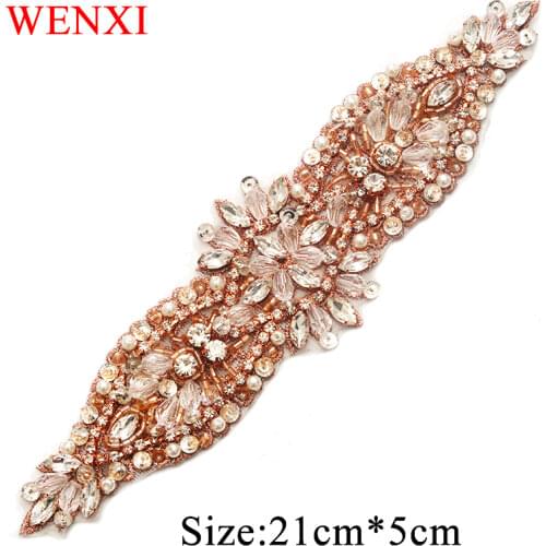 WENXI 10PCS Handmade Bridal Sash Rhinestones Appliques Patch For Bridal Gown Belt Clear Rose Gold Crystal Rhinestone WX890