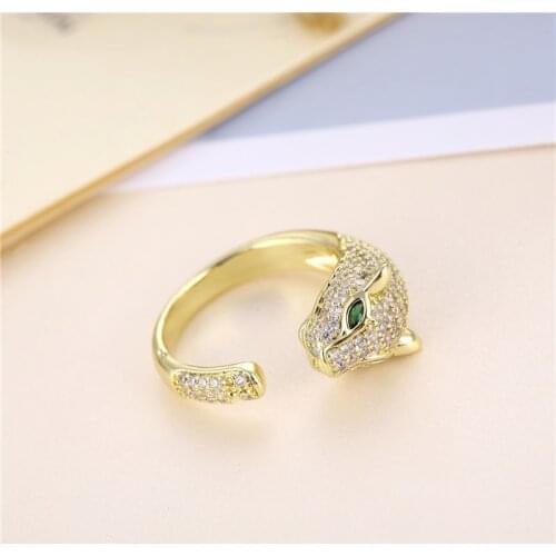 YJGS Leopard Head Micro-Inlaid Zircon Rings For Female Open Fashion Ring Retro Personality Animal Shape Adjustable Ring Jewelry