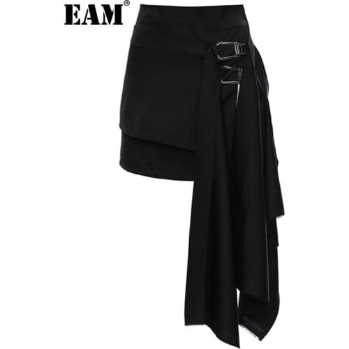 [EAM] High Waist Black Buckle Irregular Burr Personality Half-body Skirt Women Fashion Tide New Spring Autumn 2021 1DE1680