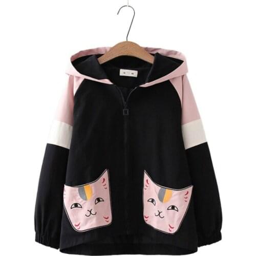 Women Hooded Jacket Cartoon Cat Embroidery Zipper Coats Korean Style 2020 Autumn White Pocket Loose Causal Ladies Outwears