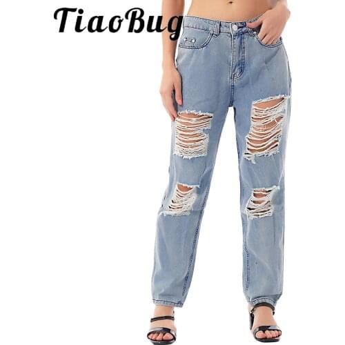 Oversize Women Chic Ripped Jeans Casual Mid Waist Denim Trousers Korean Loose Straight Jean Pants with Pockets E Girl Streetwear