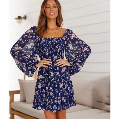 Women Fashion Floral Backless Mini Dress Elegant Lantern Sleeve Square Neck Elastic Waist Woman Dresses 2021 Autumn Vestidos