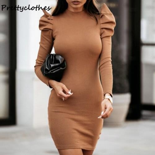 Women New Style Sexy Slim Bag Hip Solid Color Puff Sleeve Dress Elegant Clothing Long-Sleeved Dress Woman 2021 Vintage Female