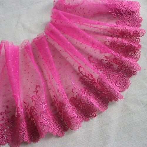 19cm 7.48" Wide -2yards/lot Rose Red Embroidered Floral Dotted Tulle Lace Trim ,Mesh Embroidery Lace Trim