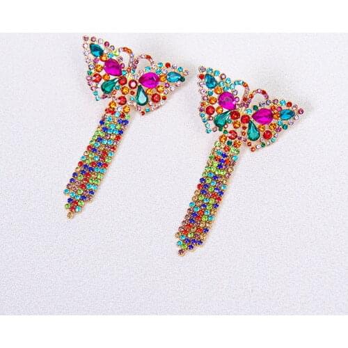 Shining Butterfly Accented Pave Colorful Crystal Tassel Earrings for Women 2021 New Luxury Wedding Bridal Jewelry Wholesale