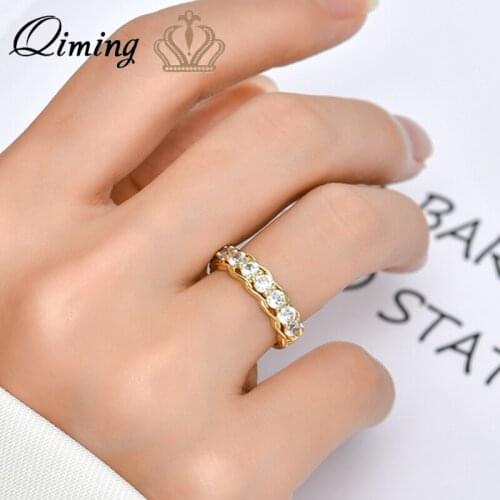 QIMING Shiny Cubic Zircon Women Rings Gold Color Female open Promised Rings Anniversary Girl Gift Fashion Jewelry Gift