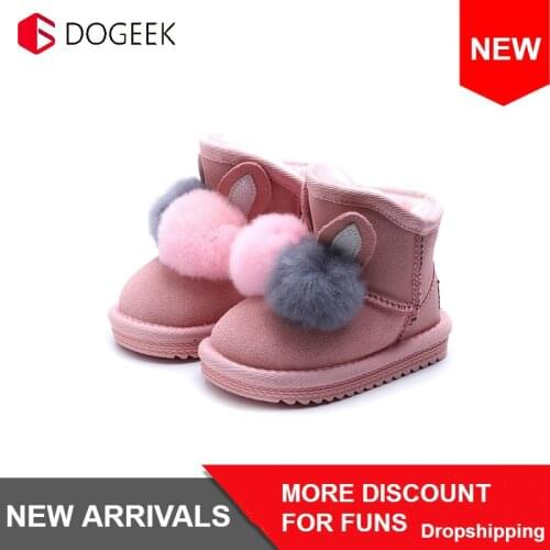 DOGEEK Cute Childrens Boots Rabbit Fur Ball Snow Boots Girl Velvet Thick Children Boot Winter Warm Shoes Kids Cotton Boot Baby