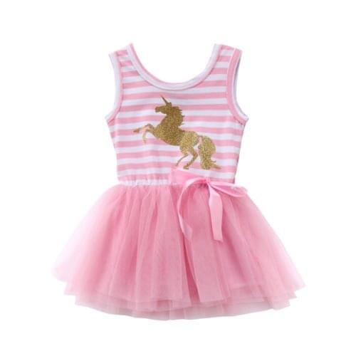 Kid Princess Baby Girl Dress Sleeveless Striped Unicorn Bow Pink Tulle Party Wedding Tutu Dresses