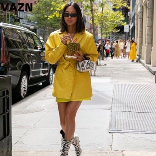 VAZN 2020 Hot High-end Yellow Office Lady Sexy Daily Simple Fashion Lace Up Top Full Sleeve High Waist Long Suit Outwears