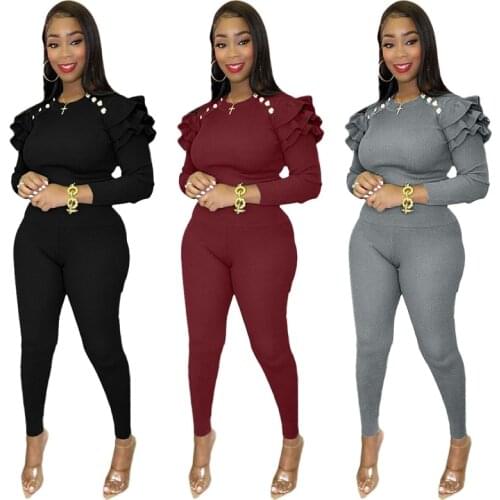 Two Piece Set Women Knitted Ribbed T Shirt Tops And Pants 2 Piece Fitness Outfits Spring Fashion Ruffles Splice Casual Wear