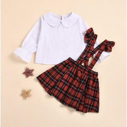 Baby Girl Clothes Set 2021 Spring Trumpet Sleeve Doll Collar Top & Plaid Sling Pleated Skirt Baby Outfits For Kids Girls Clothes