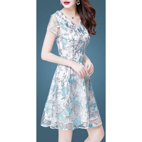 Summer New Style Light-Colored Flowers Embroidery Elegant Temperament Short-Sleeved Plus Size Vintage Slim Cocktail Dresses 3360