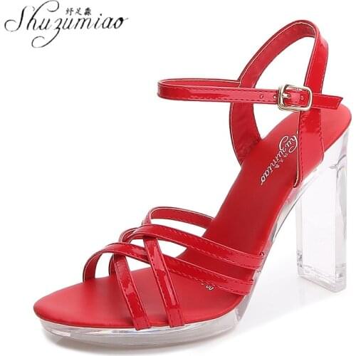 SHUZUMIAO Summer Sandals Women Shoes Genuine Thick High Heel Shoes Buckle Cross-tied Sandals Ladies