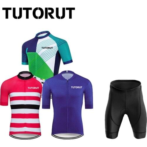 TUTORUT Summer Cycling Jersey Short Set Men’s Sportswear Bicycle Clothes Quick Dry Breathable Short Sleeve With Reflective Strip