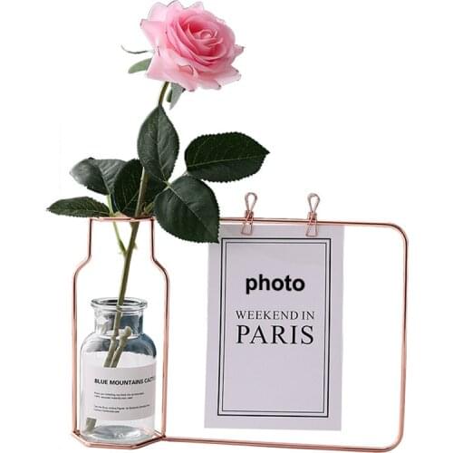 Metal Stand Photo Frame And Glass Vase for Home Office Decoration Golden Black Wrought Iron Bracket Picture Frame