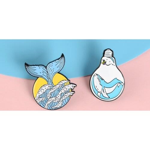Cartoon creative animal whale sea surf light bulb enamel brooch blue alloy badge denim clothes bag brooch cute jewelry gift