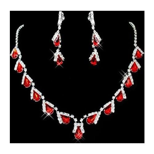 Vintage Female Water Drop Jewelry Set Charm Silver Color Long Dangle Earrings For Women Dainty Red Zircon Wedding Chain Necklace
