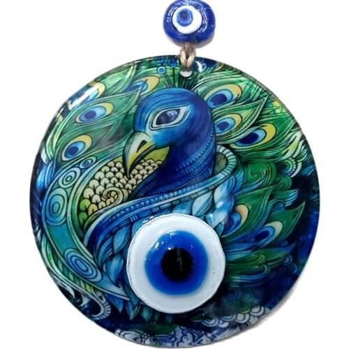 Handmade 12 x 12 Centimeter Wall Decoration with Peafowl Pattern Fusion Glass Evil Eye Beads