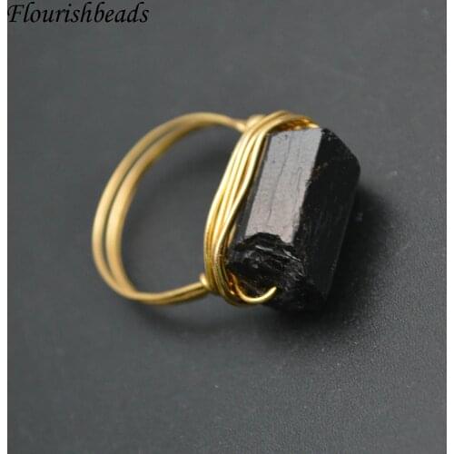 Handmade Natural Black Tourmaline Nugget Stone Wire Wrapped Rings Fashion Jewelry