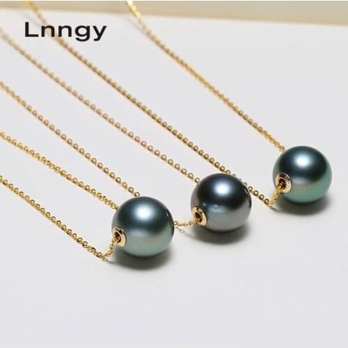 Lnngy 18K Solid White/Yellow/Rose Gold Cross Chain Necklace 8-9mm Natural Tahitian Black Pearl Pendant Bead Charm Necklace