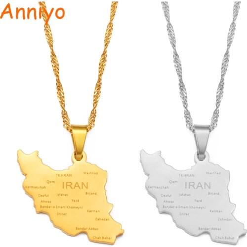 Anniyo Iran Map With Cities Pendant Necklace Women Girls Jewelry,Silver Color/Gold Color Iranian Necklaces #212521