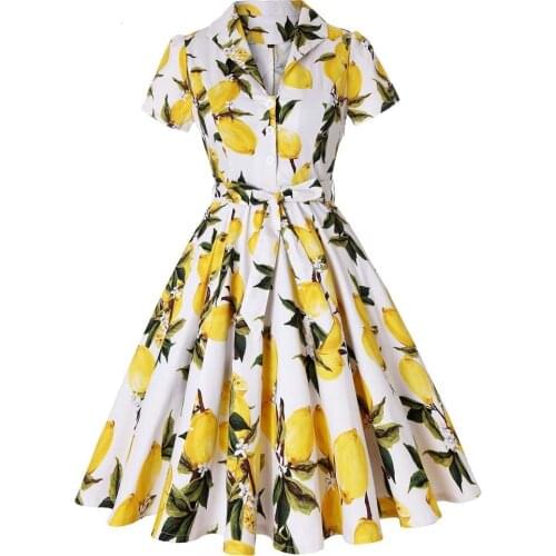 White Yellow Lemon Floral Dress Short Sleeve Cotton Tunic Vestidos Elegant 50s Retro Swing Vintage Dress Womens Clothing Jurken