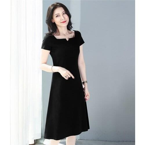 Woman Cotton Soft Dress Half sleeve O-neck Casual Elastic Lady office dress