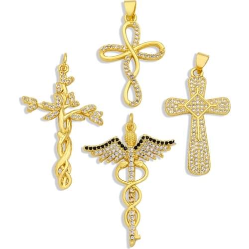 OCESRIO Cz Brass Genuine Gold Plated Coppe Wihte Stone Large Cross Necklaces Pendant Accessories for Jewelry Diy Jewelry pdta374