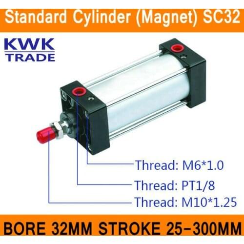 SC32 Standard Air Cylinders Magnet Valve Bore 32mm Strock 25mm to 300mm Stroke Single Rod Double Acting Pneumatic Cylinder